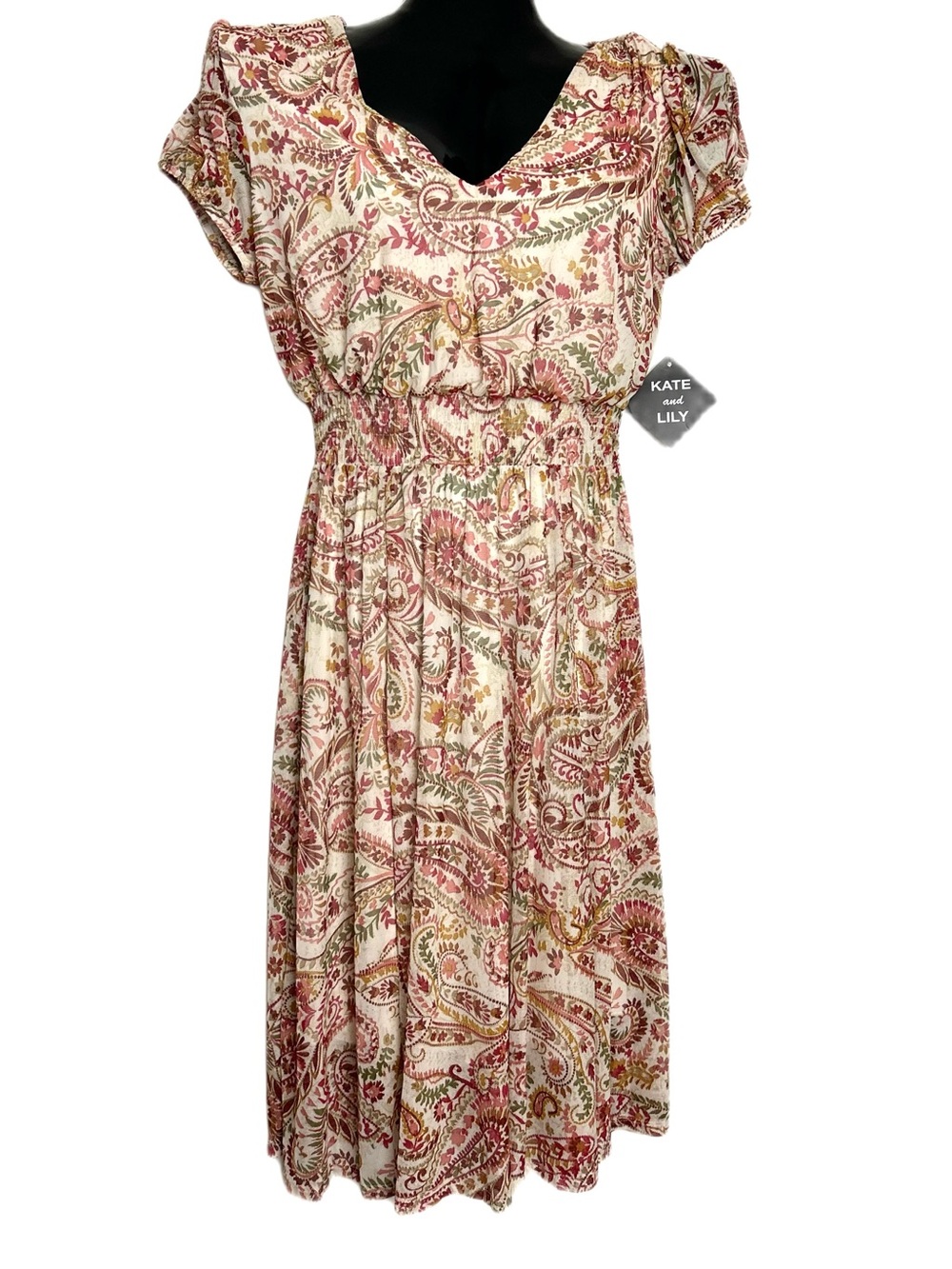 Cream Paisley V-Neck Shirred-Waist Dress